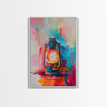 Cargar imagen en el visor de la galería, Brightly Painted Oil Lamp - Framed Canvas Print, Vibrant Western Art, Rustic Lamp Wall Art for Living Room Decor