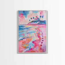 Load image into Gallery viewer, Colorful Tropical Beach Scene with Palm Tree - Framed Canvas Print, Vibrant Coastal Art, Living Room Decor, Beach Wall Art