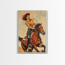 Load image into Gallery viewer, Dynamic Cowgirl on Horseback in Action | Framed Canvas Print | Western Wall Art | Living Room Decor | Rustic Home Decor
