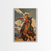 Load image into Gallery viewer, Brave Cowgirl in Mountains with Horse | Framed Canvas Print | Western Wall Art | Living Room Decor | Rustic Home Decor