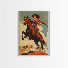 Load image into Gallery viewer, Elegant Cowgirl Commanding Horse | Framed Canvas Print | Western Wall Art | Living Room Decor | Rustic Home Decor