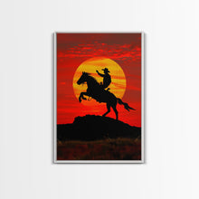 Load image into Gallery viewer, Dynamic Cowboy Horse Ride Silhouette at Sunset | Framed Canvas Print | Western Wall Art | Sunset Horseback Wall Art for Home Decor