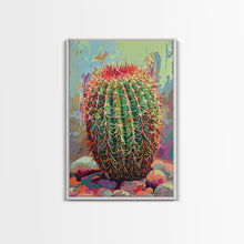 Load image into Gallery viewer, Bold Barrel Cactus Art with Red Spines - Framed Canvas Print, Vibrant Desert Decor, Living Room Art, Cactus Wall Art for Home