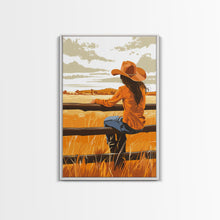 Cargar imagen en el visor de la galería, Contemplative Cowgirl on Fence Framed Canvas Print - Serene Western Decor, Country Wall Art for Living Room, Bedroom Artwork