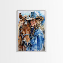 Load image into Gallery viewer, Cowgirl with Horse in Denim Outfit - Framed Canvas Print, Western Wall Art, Rustic Decor, Living Room and Bedroom Art Print