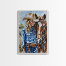 Load image into Gallery viewer, Cowgirl Preparing Horse for Ride - Framed Canvas Print, Western Wall Art, Rustic Decor, Living Room and Bedroom Art Print