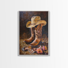 Load image into Gallery viewer, Classic Cowboy Hat and Boots Art - Framed Canvas Print, Rustic Bedroom Decor, Cowboy Themed Wall Art for Home, Western Artwork