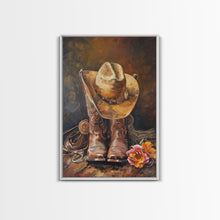 Load image into Gallery viewer, Cowboy Boots and Hat with Flowers Art - Framed Canvas Print, Rustic Wall Decor, Western Bedroom Art, Cowboy Home Decoration