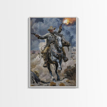 Carregar imagem no visualizador da galeria, Framed Canvas Print, Dynamic Cowboy Shooting Pistols Wall Art, Western Decor for Living Room or Bedroom, Exciting Wall Art, Home Decoration