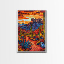 Carregar imagem no visualizador da galeria, Framed Canvas Print, Bold Desert Landscape with Saguaro Cacti and Mountains, Unique Wall Art for Living Room or Bedroom