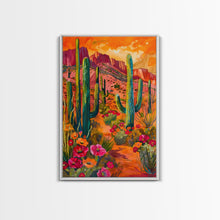 Carregar imagem no visualizador da galeria, Framed Canvas Print, Vibrant Desert Scene with Saguaro Cacti and Flowers, Unique Wall Art for Living Room or Bedroom