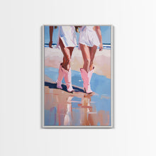 Load image into Gallery viewer, Cowgirls walking on the beach wearing pink cowboy boots, artistic reflection Framed Canvas Print - beach fashion, summer decor, vibrant art