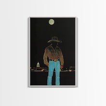 Load image into Gallery viewer, Cowboy Under the Moon Print - Framed Canvas Wall Art, Rustic Western Decor, Nighttime Cowboy Artwork for Living Room, Western Night Sky