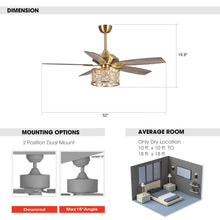 Carregar imagem no visualizador da galeria, 52" Cochin Modern Downrod Mount Reversible Crystal Ceiling Fan with Lighting and Remote Control