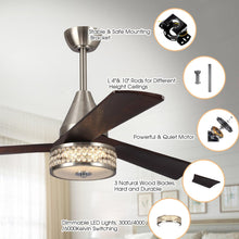 Carregar imagem no visualizador da galeria, 52" Farmhouse Satin Nickel Downrod Mount Reversible Crystal Ceiling Fan with Lighting and Remote Control