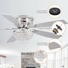 Carregar imagem no visualizador da galeria, 52" Kanpur Modern Chrome Flush Mount Reversible Crystal Ceiling Fan with Lighting and Remote Control