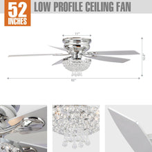 Carregar imagem no visualizador da galeria, 52" Kanpur Modern Chrome Flush Mount Reversible Crystal Ceiling Fan with Lighting and Remote Control