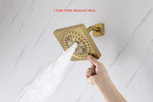 Cargar imagen en el visor de la galería, 12-Inch Brushed Gold Flush Mount Shower Faucet Set: 3-Way Thermostatic Control, 64-Color LED Lights, Bluetooth Music, and Regular Head