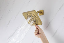 Cargar imagen en el visor de la galería, 12-Inch Brushed Gold Flush Mount Shower Faucet Set: 3-Way Thermostatic Control, 64-Color LED Lights, Bluetooth Music, and Regular Head
