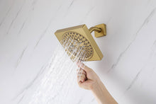 Cargar imagen en el visor de la galería, 12-Inch Brushed Gold Flush Mount Shower Faucet Set: 3-Way Thermostatic Control, 64-Color LED Lights, Bluetooth Music, and Regular Head
