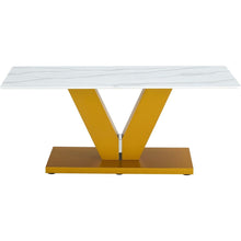 Carregar imagem no visualizador da galeria, Modern minimalist coffee table. Tempered glass with stickers tabletop,golden MDF pillars. Suitable for living room and dining room