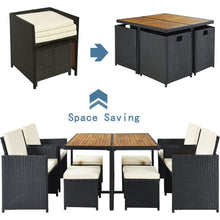 Carregar imagem no visualizador da galeria, Patio All-Weather PE Wicker Dining Table Set with Wood Tabletop for 8, Black Rattan+Beige Cushion (9-Piece)