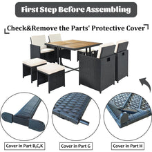 Carregar imagem no visualizador da galeria, Patio All-Weather PE Wicker Dining Table Set with Wood Tabletop for 8, Black Rattan+Beige Cushion (9-Piece)