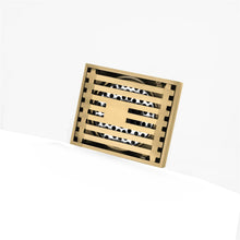 Cargar imagen en el visor de la galería, 8 x3 Inch or 4 x 4 inch Shower Linear Brushed Gold Drain Rectangular Floor Drain with Accessories Square Hole Pattern Cover Grate Removable Brushed Gold Brass