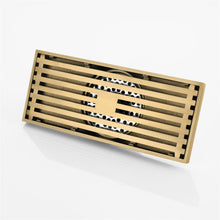 Cargar imagen en el visor de la galería, 8 x3 Inch or 4 x 4 inch Shower Linear Brushed Gold Drain Rectangular Floor Drain with Accessories Square Hole Pattern Cover Grate Removable Brushed Gold Brass