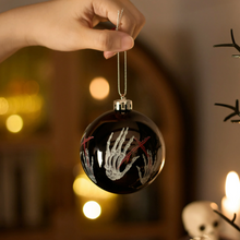 Load image into Gallery viewer, Black Gothic 16-Piece Baubles with Skulls, Skeleton Hands, Horror Prints & Striped Designs
