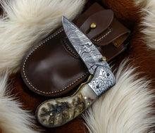 Carregar imagem no visualizador da galeria, Custom Handmade Damascus Steel Pocket Knife – Sheep Horn