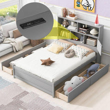 Carregar imagem no visualizador da galeria, Full Size Platform Bed with Storage Headboard, Charging Station and 4 Drawers, Gray