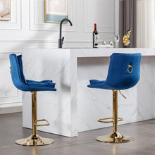 Carregar imagem no visualizador da galeria, Set of 2 Bar Stools, with Chrome Footrest and Base Swivel Height Adjustable Mechanical Lifting Velvet + Golden Leg Simple Bar Stoo, blue
