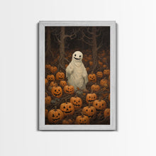 Carregar imagem no visualizador da galeria, Fall Omens - Spooky Ghost In A Pumpkin Patch, Halloween Decor, Fall Art, Framed Canvas Print, Spooky Halloween Decor