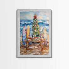 Cargar imagen en el visor de la galería, Christmas tree with surfboards on the beach, Framed Canvas Print tropical holiday wall art perfect beach Christmas decor holiday gift idea