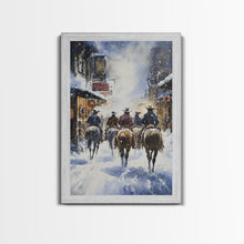 Load image into Gallery viewer, Cowboys Riding Into Town On Christmas, Western Christmas Decor, Framed Canvas Print, Christmas Outdoor Decor, Christmas poster