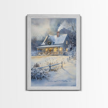 Cargar imagen en el visor de la galería, Christmas Cottage Wall Art, Framed Canvas Print, Winter Wonderland Landscape Print