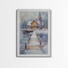 Cargar imagen en el visor de la galería, Christmas At The Lake, Framed Canvas Print, Wood Frame Lake House Decor, Winter Lakehouse Art