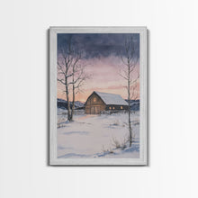Load image into Gallery viewer, Barn In The Winter, Framed Canvas Print, Winter Landscape Print, Rustic Christmas Art, Primitive Decor