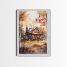 Load image into Gallery viewer, Beautiful Woods Cabin Framed Canvas Print, Extra Large Fall Decor, Mid Century Modern Autumn Wall Art, Modern Christmas