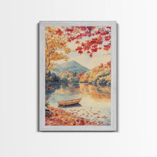 Carregar imagem no visualizador da galeria, Canoe On A Serene Fall Lake, Framed Canvas Print, Autumn Decor, Fall Wall Art, Fall Poster, Autumn Prints Wall Art