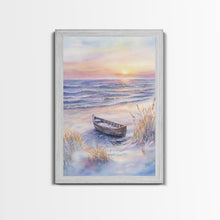 Carregar imagem no visualizador da galeria, Abandoned Canoe On The Beach, Framed Canvas Print, Nautical Decor, Christmas Outdoor Decor, Christmas Prints Wall Art