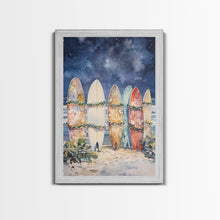 Cargar imagen en el visor de la galería, Christmas Surfboards On A Snowy Beach, Framed Canvas Print, Tropical / Nautical Christmas Art or Gift Idea, Christmas Poster