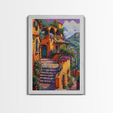 Carregar imagem no visualizador da galeria, Framed Canvas Print Tall Art Mexican Style Scenic Steps Lined With Colorful Flowers And Architecture