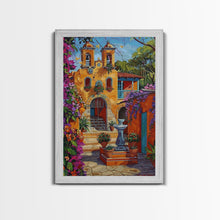 Cargar imagen en el visor de la galería, Bright Mexican Style Tall Art Framed Canvas Print Depicting Ornate Blue Door And Rustic Courtyard