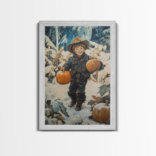 Load image into Gallery viewer, Cowboy Christmas Decor Framed Canvas Print with Pumpkin in Snow, Rustic Holiday Home Wall Art and Seasonal Gift Idea 2024
