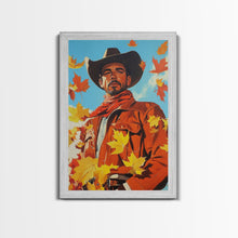 Load image into Gallery viewer, Autumn Cowboy Holiday Decor Framed Canvas Print with Leaves, Colorful Seasonal Wall Art Gift Idea 2024