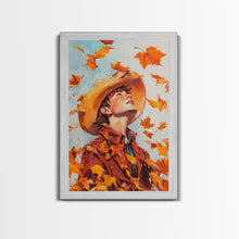 Load image into Gallery viewer, Cowboy Fall Decor Canvas Print with Windblown Leaves, Rustic Farmhouse Autumn Holiday Wall Art Seasonal Gift Idea 2024