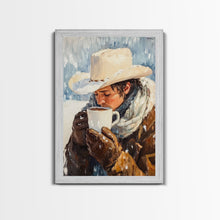 Load image into Gallery viewer, Cowboy Drinking Hot Cocoa Framed Canvas Print - Cozy Winter Wall Art 2024 Rustic Christmas Decor and Gift Idea