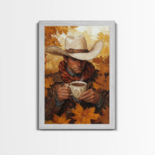 Load image into Gallery viewer, Cowboy Holding Hot Drink Framed Canvas Print - Moody Winter Landscape Art Perfect 2024 Christmas Wall Decor
